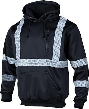 VENDACE Hi Vis Safety Reflective Sweatshirt Hoodies for Men ANSI Class 3 High Visibility Fleece Pullover Hoodie Jacket Black,2XL