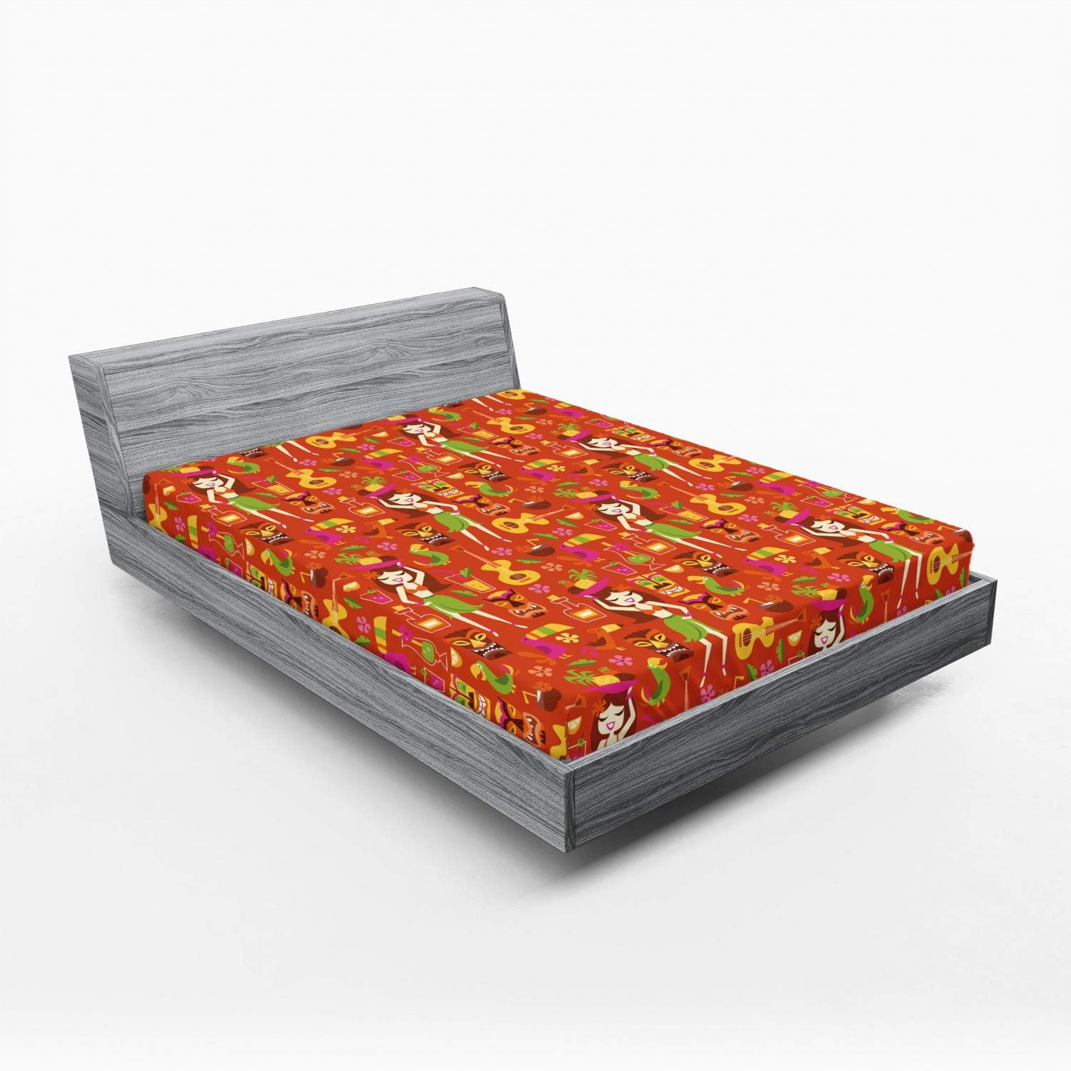 Ambesonne Bar Fitted Sheet, Hawaiian Holiday Luau Party Night with Ukulele Tiki Coconut Pineapple Tropical Pattern, Bed Cover with All-Round Elastic Deep Pocket for Comfort, Queen Size, Multicolor