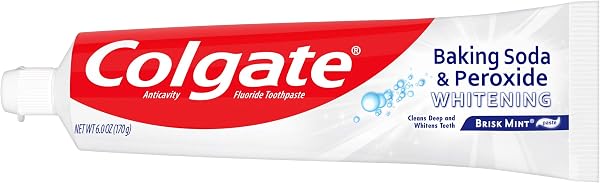 Two 6-ounce tubes of Colgate Baking Soda & Peroxide Toothpaste, Brisk Mint flavor, displayed side-by-side.