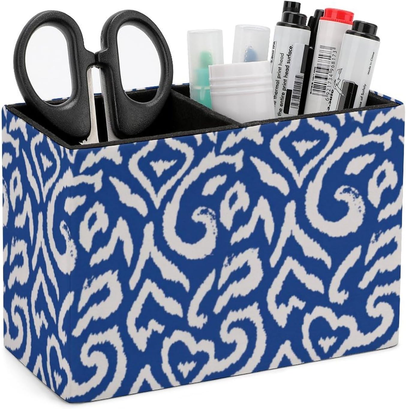 Blue White Ikat Pattern Leather Pen Holder