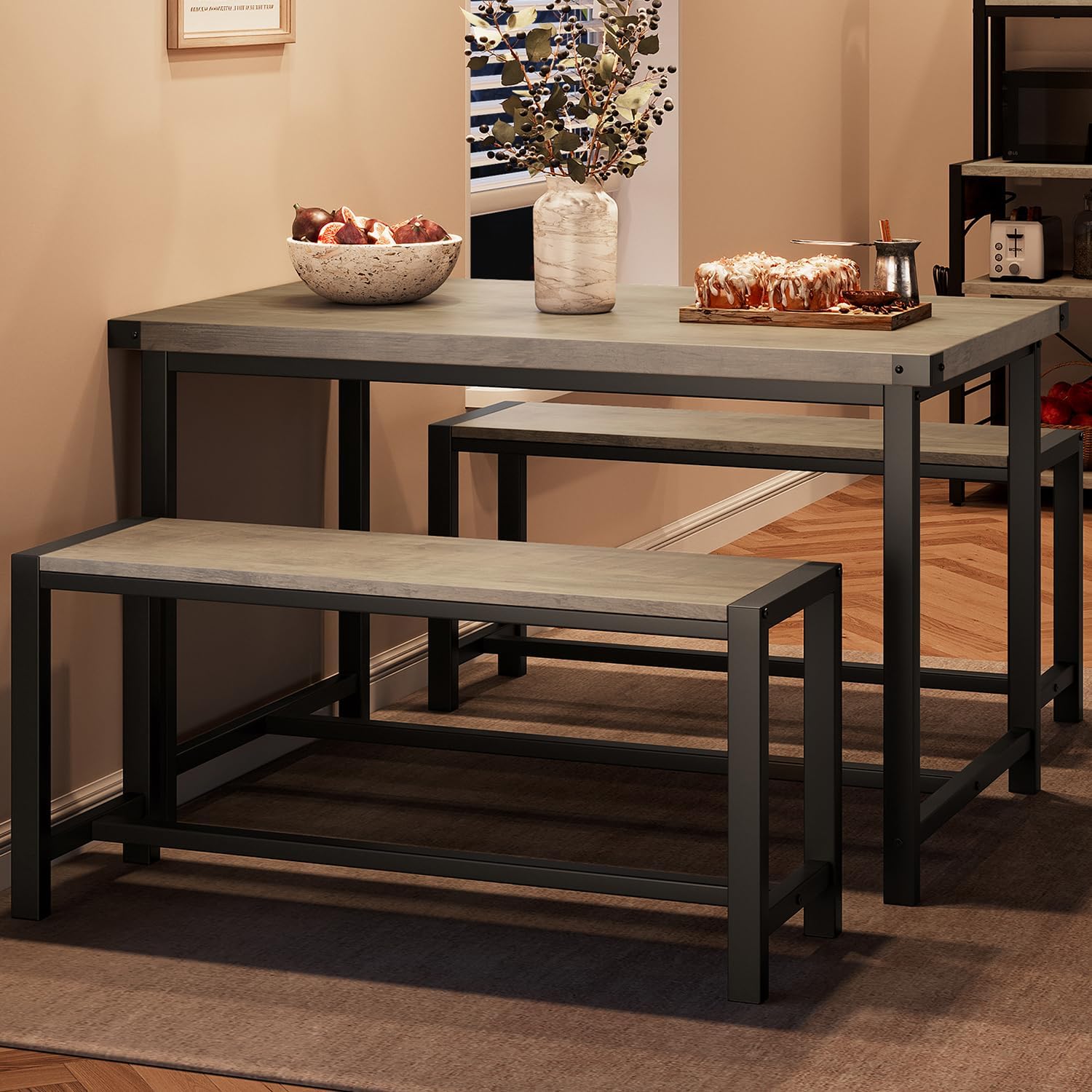 GAOMON Dining Table Set for 4, Wooden Kitchen Table with 2 Benches, 3 Piece Rectangular Dining Room Set, Space Saving Kitchen Tables Sets for Apartment, Small Space, Home, Rustic Gray