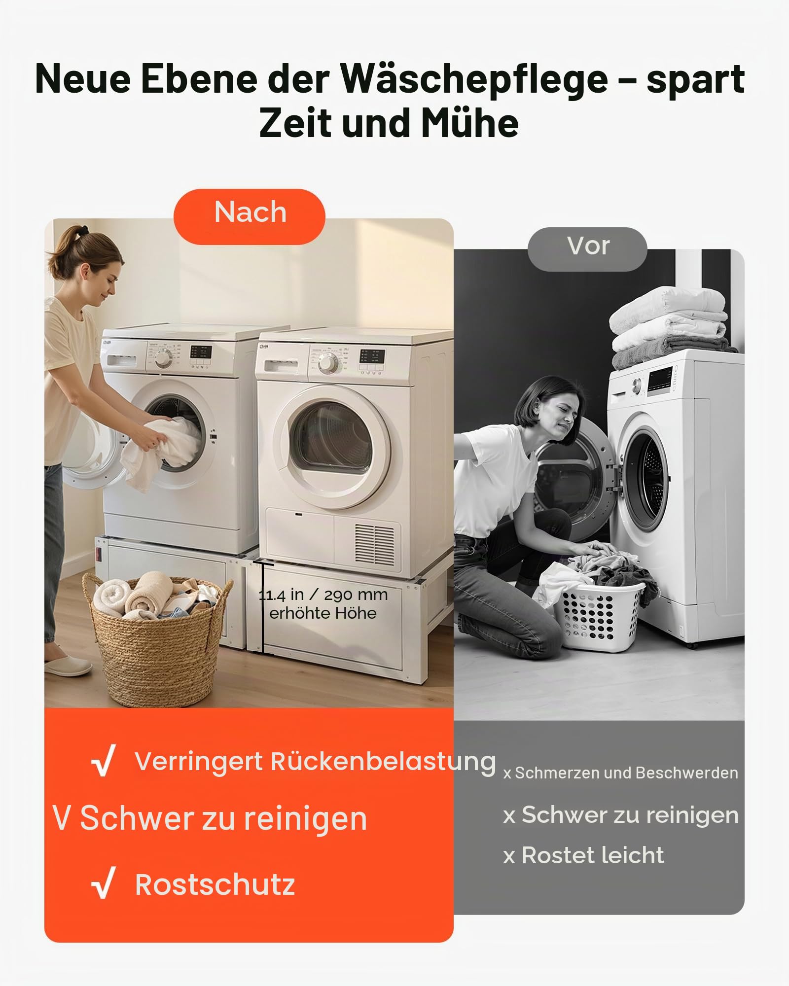 VEVOR Waschmaschinen Untergestell, 290 mm Hoch, Waschenmaschinenerhöhung mit Schublade, Tragkraft 150 kg, Rutschfeste Füße, Stahl-Trocknersockel, Podest, Universell Passend, Weiß, 2er-Pack