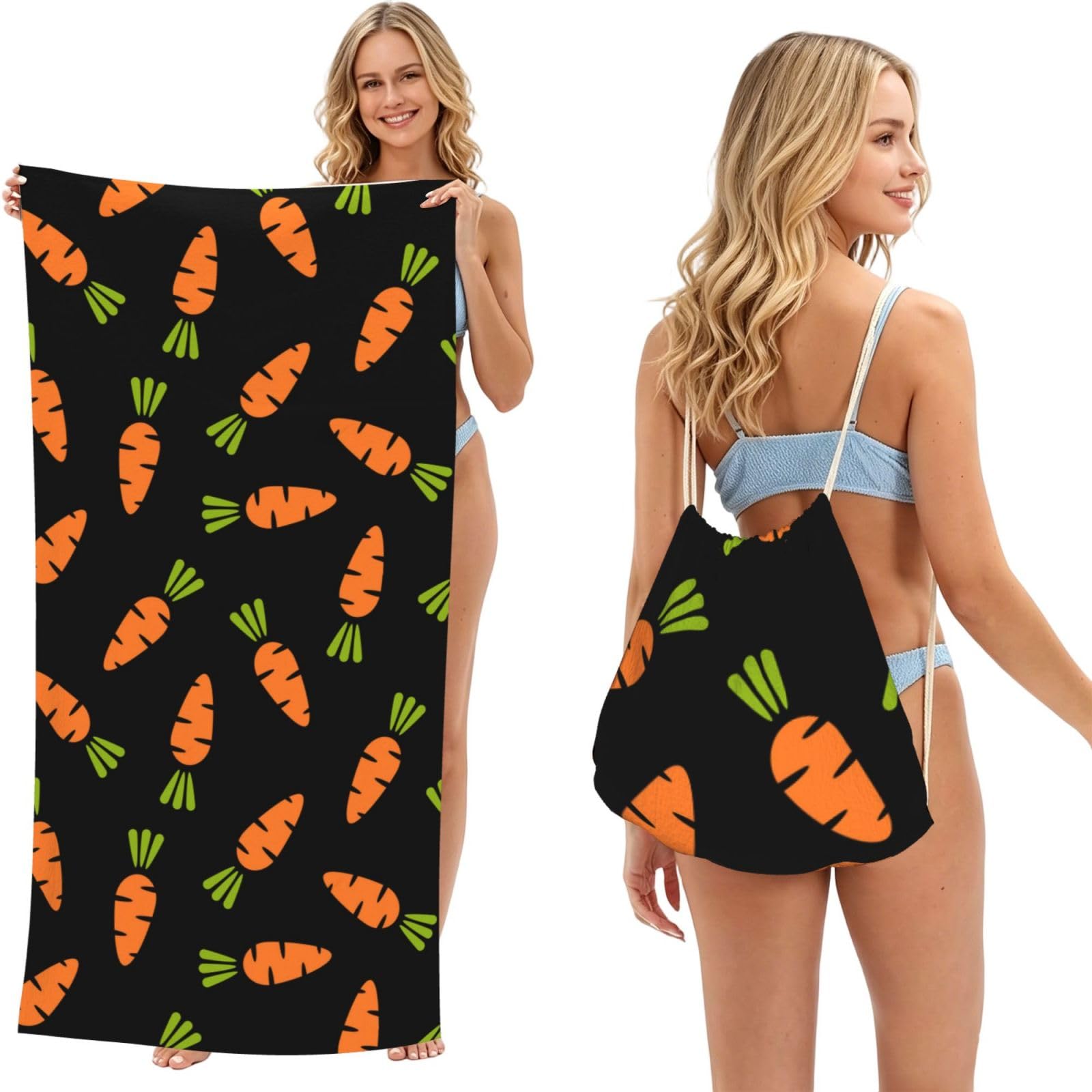 Poadnly Cartoon Carrot, 2 in 1 Packable Towel Bag, Beach Towels with Drawstring Backpack for Travel Holiday Camping