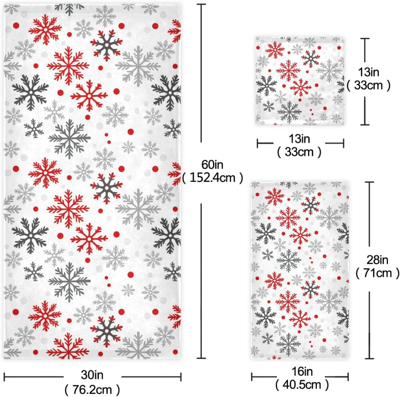 Winter White Red Snowflakes Bathroom Towel Set of 3 Pcs Christmas Snow Flakes Bath Hand Towels Face Towel Washcloth Soft Thin Durable Towel Multipurpose for Home Bathroom Hotel Gym Swim Spa Decor