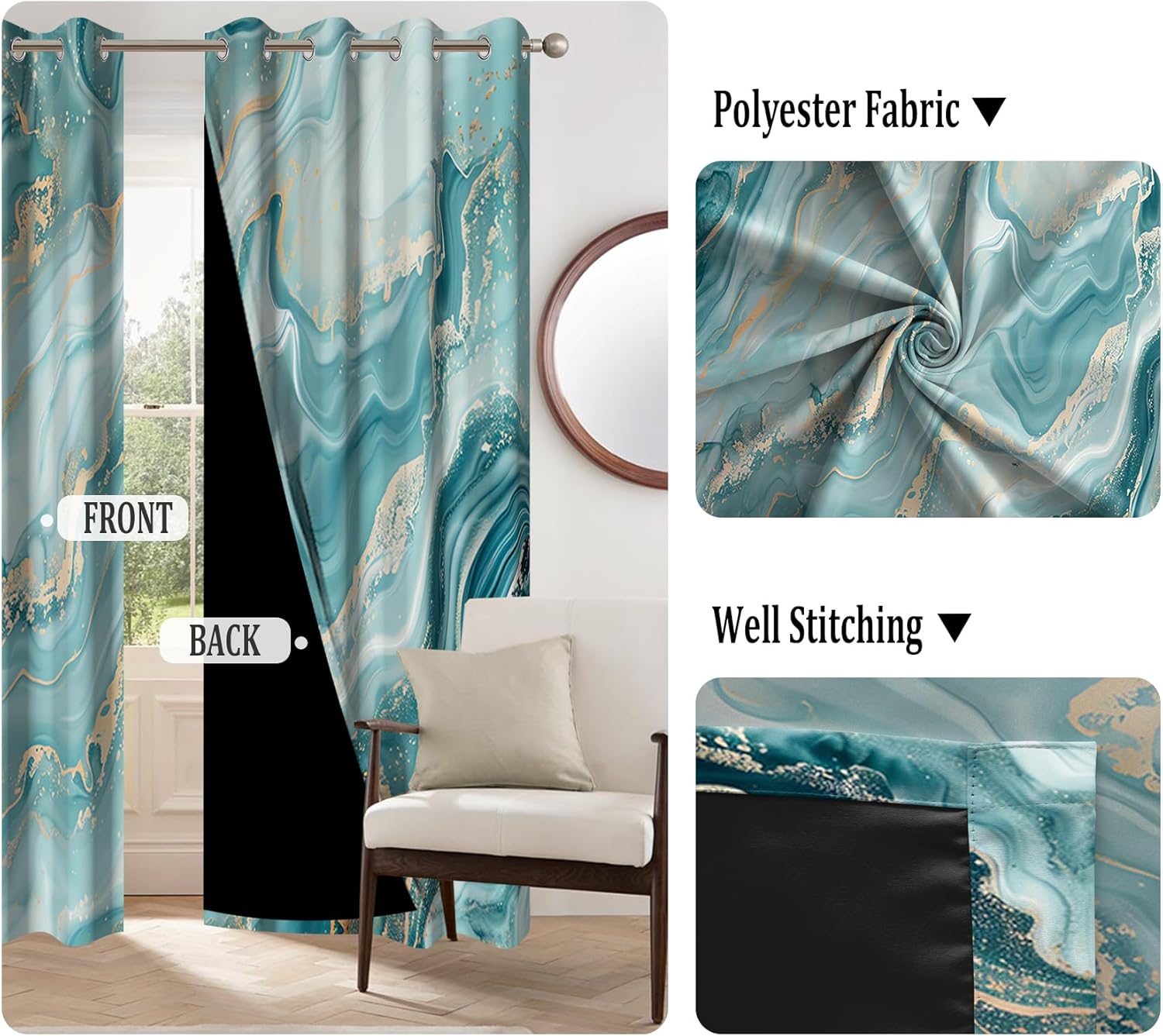 Renaiss Teal Marble Blackout Curtains for Bedroom Abstract Golden Lines Texture Window Curtain Modern Luxury Ink Printed Art Thermal Insulated Drapes for Living Room 2 Panels Set, 42x63 Inch