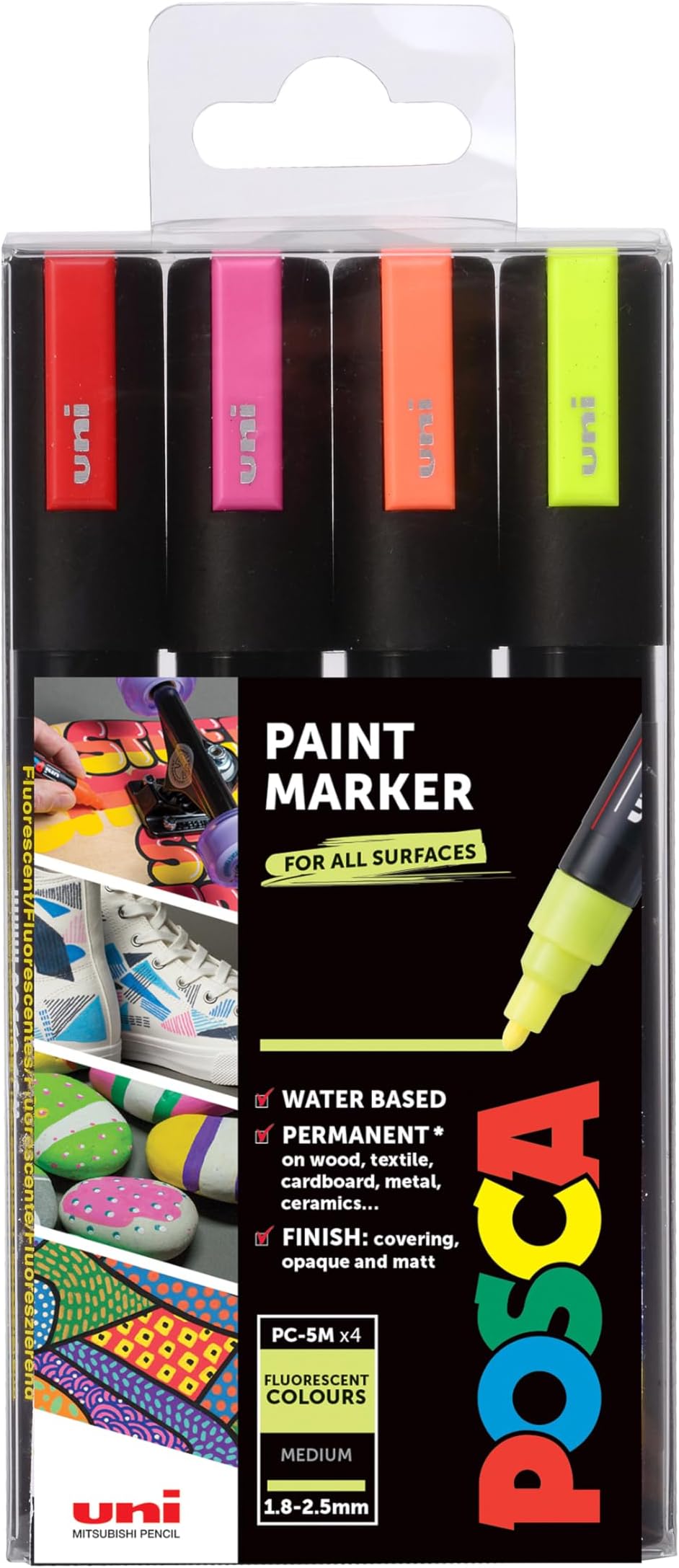 POSCA PC-5M Medium Tip Acrylic Paint Marker Pens, 4 Standard Colours, For All Surfaces (Pack of 4 Pens)