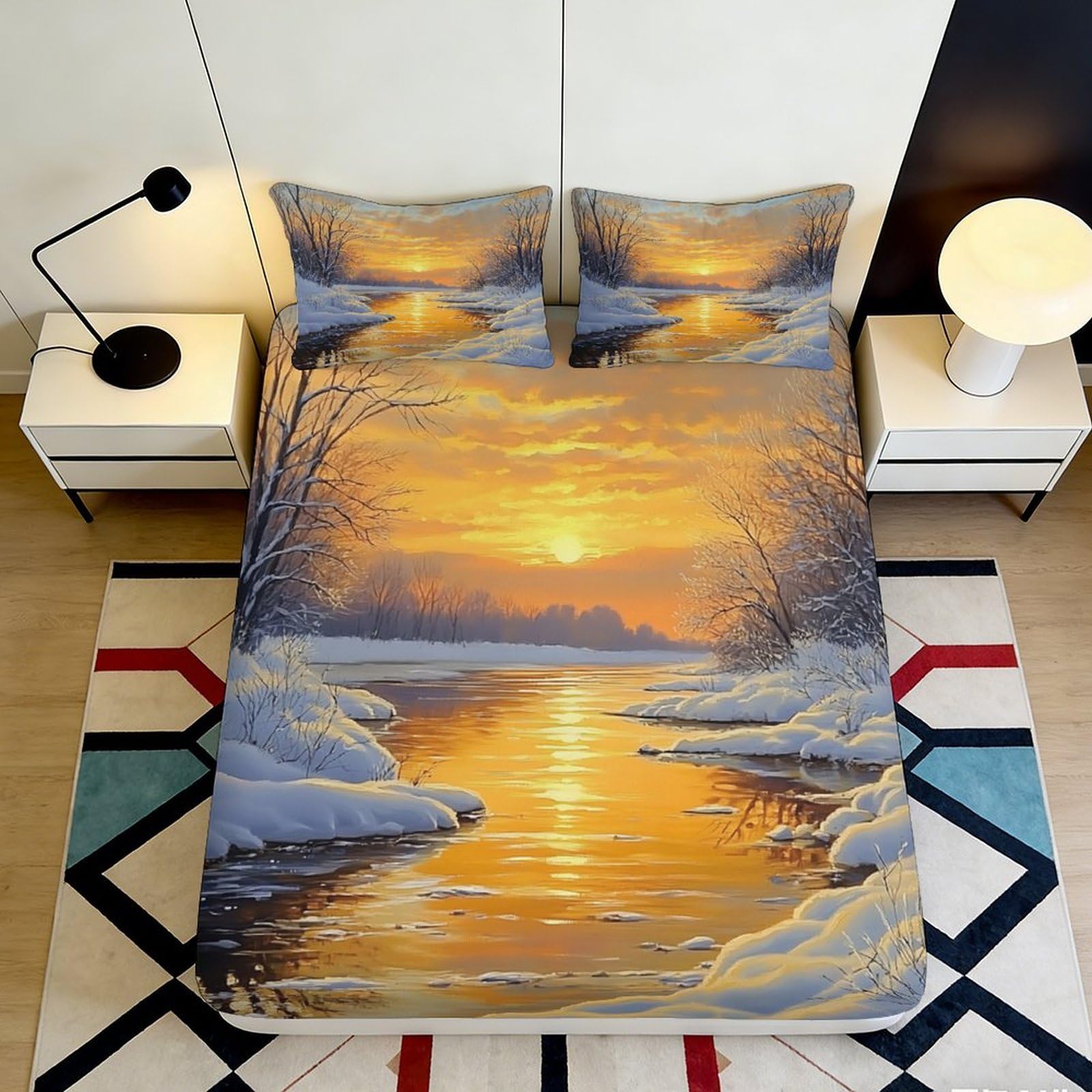 3D Printed Sunset Scenery Fitted Sheet Microfiber Non-Slip Deep Pocket Scenic Mattress Fitted Cover Washable Bedroom Protection 200x200x25cm 90x200x25cm