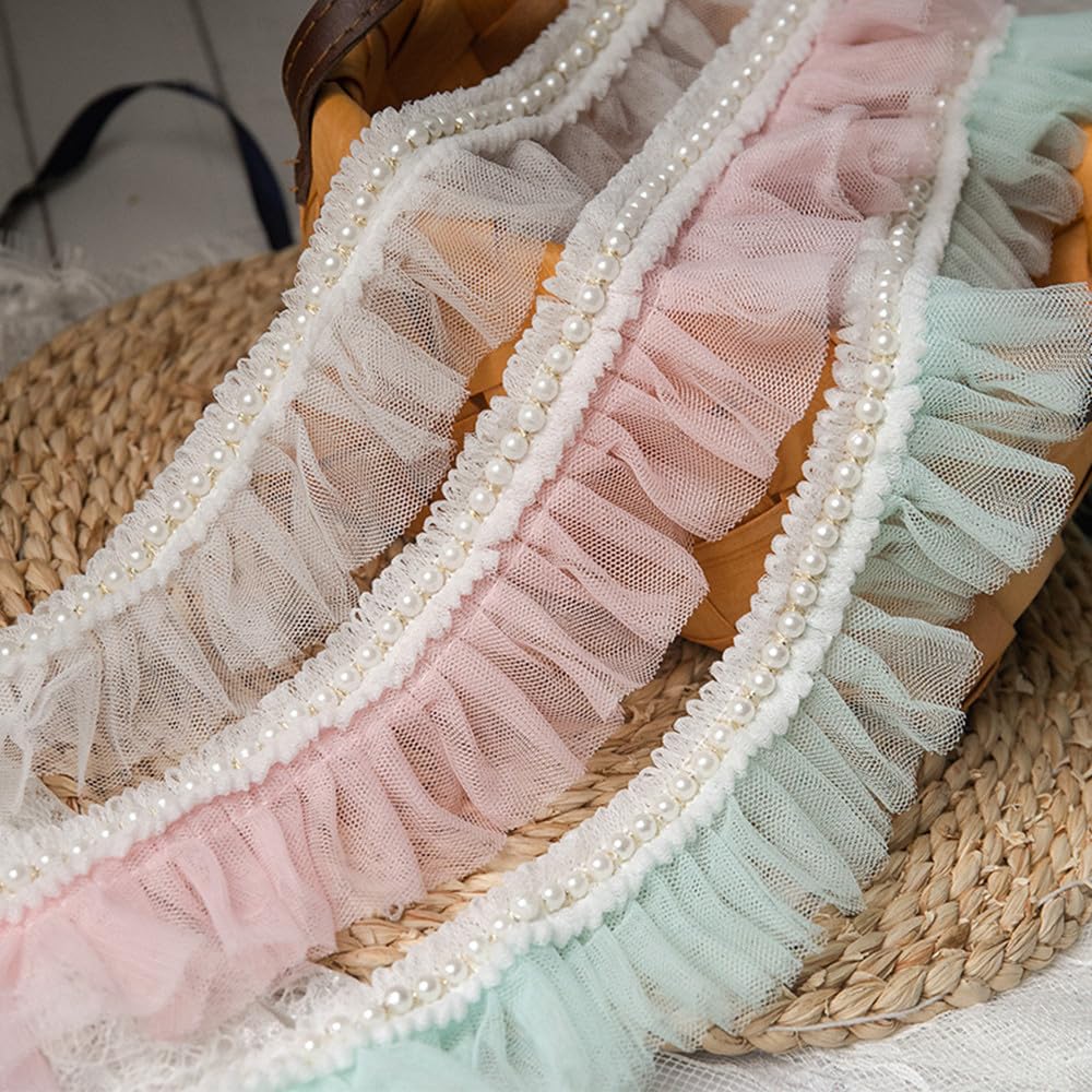 2 Yard Ruffled Beads Lace Edge Trims Chiffon Ribbon Tulle Pleated Pearl Lace Trimming for Doll Making Wedding Cake Tulle Dress Gown Design (Pink) - Image 4