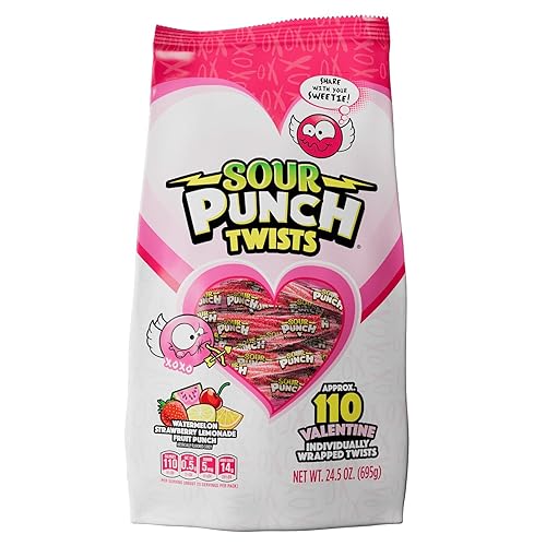 Sour Punch Twists Strawberry Lemonade Fruit Punch Sandía Bolsa de 24.5 oz Pajitas de San Valentín Embalaje Individual