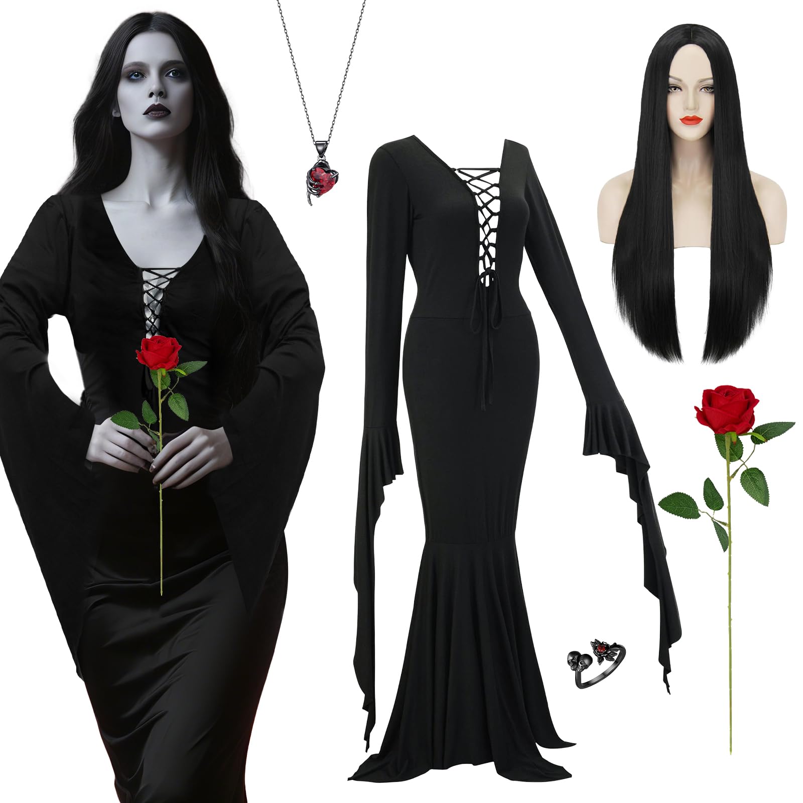 Kyndara 5Pcs Halloween Witch Costume Set for Women, Witch Dress Up Kit with Black Long Dress Wig Necklace Ring Rose for Adult Spooky Halloween Cosplay Parties & Festivals