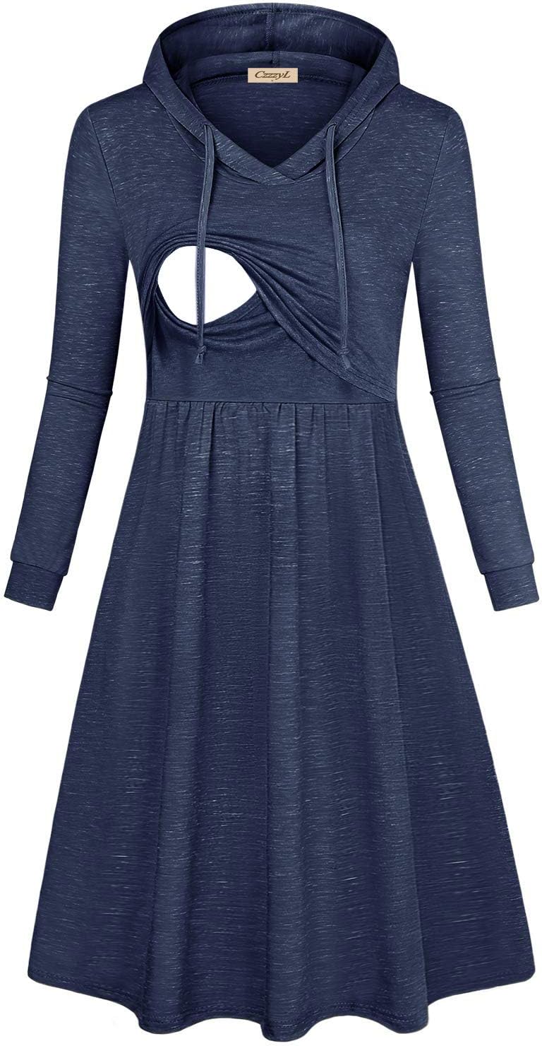 Women's Long Sleeve Pleated Swing Midi Nursing Dress with Hooded
