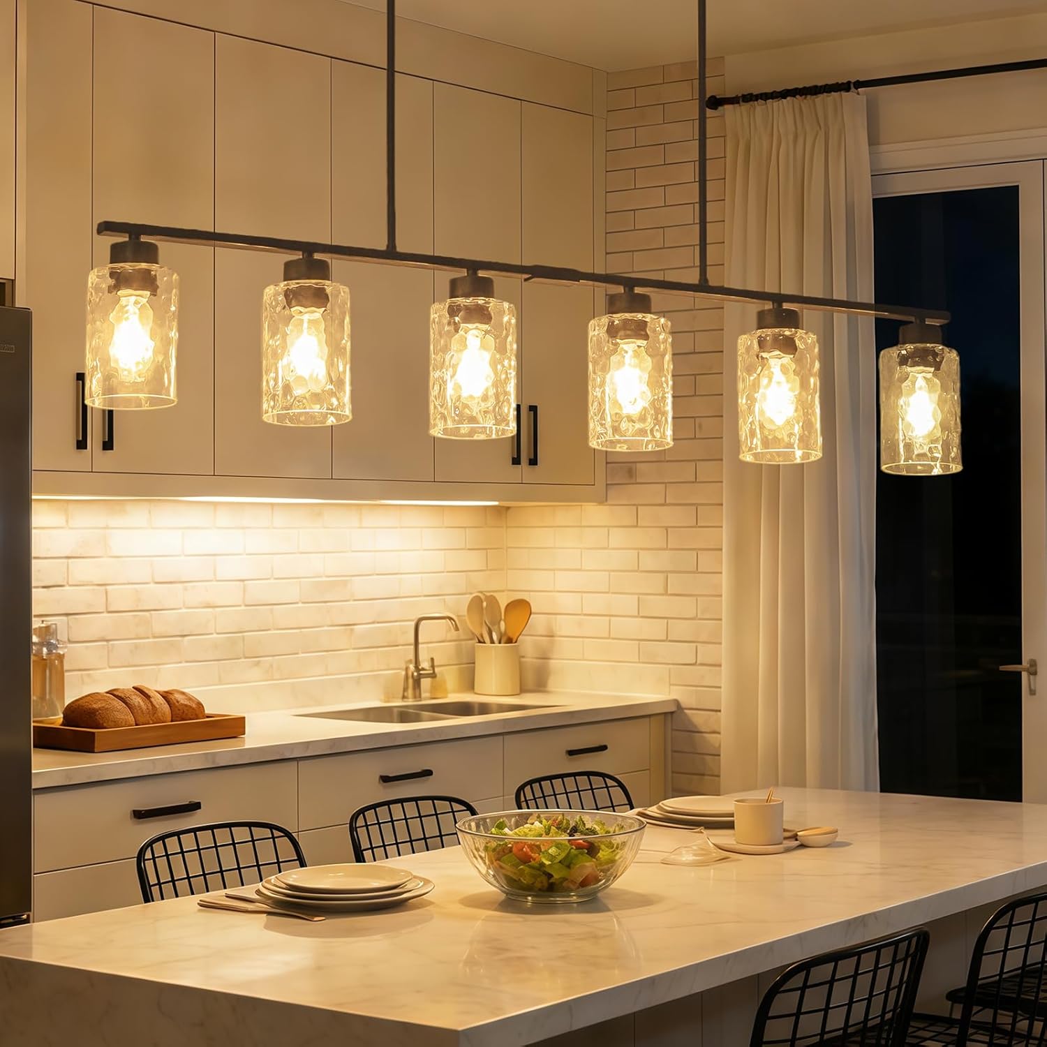 45" Long Dining Room Light Fixture Chandelier Over Table, 6-Light Black Hammered Glass Pendant Lights Kitchen Island Lighting, Island Lights for Kitchen Modern Farmhouse Chandeliers for Dining Room