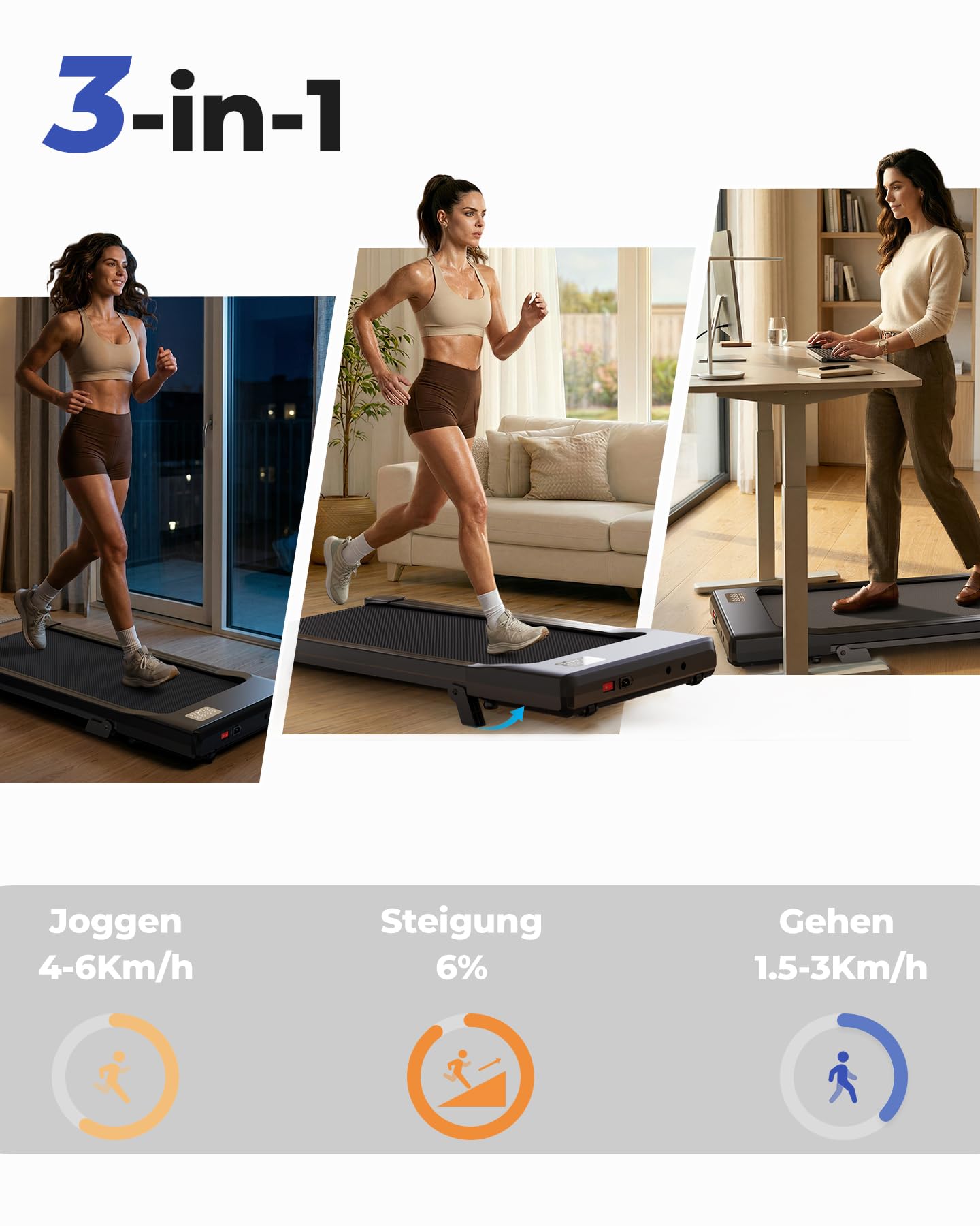 MJWW Walking Pad mit Steigung 6%, Laufband für Zuhause & Büro 136 KG mit Smart App 6 km/h & 12 km/h, Laufband Schreibtisch Leise 2.5 PS mit Schulungskurse und Multiplayer-Wettbewerbe