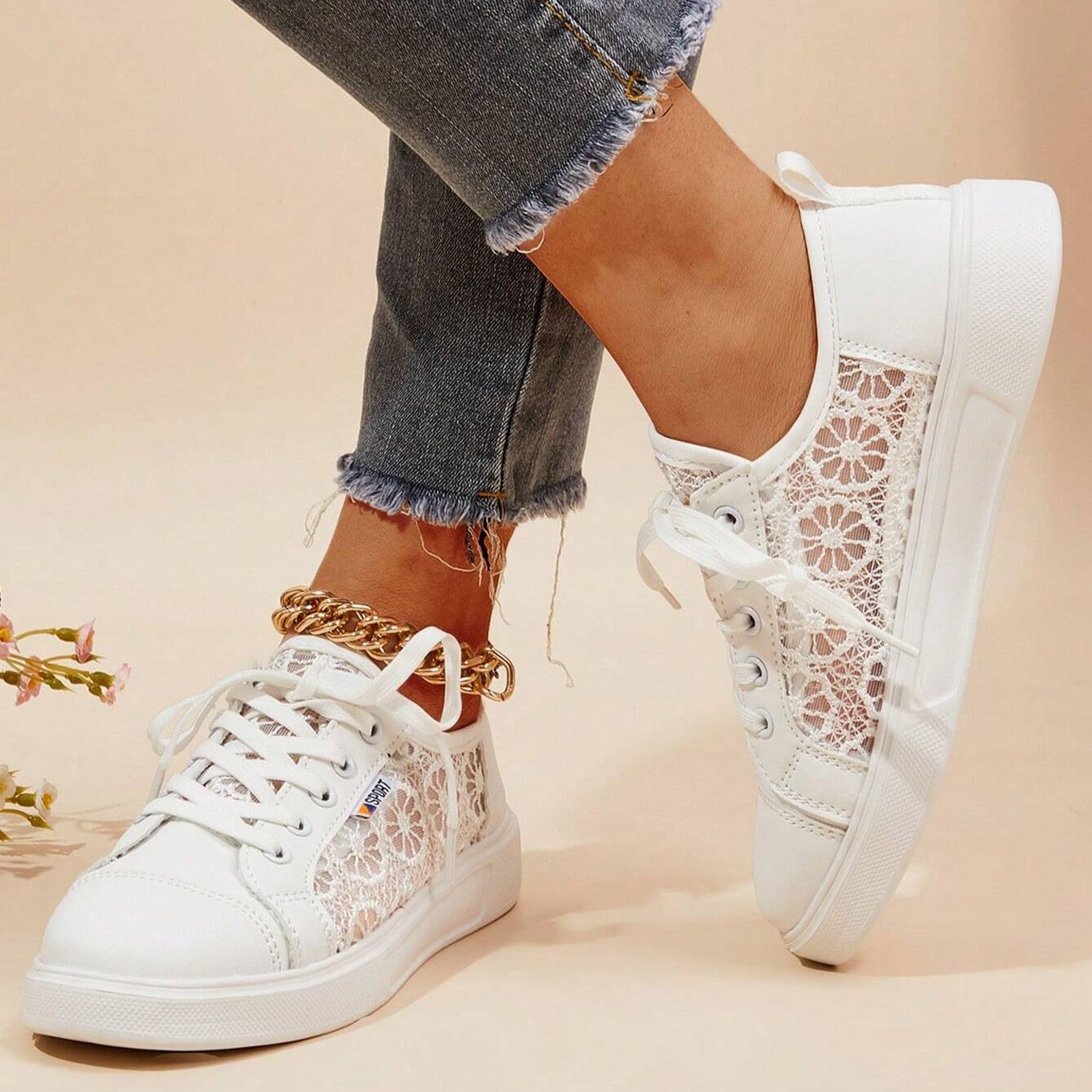 Zapatillas de mujer con flores de encaje zapatos casuales transpirables elegantes con cordones deportivas ligeras planas
