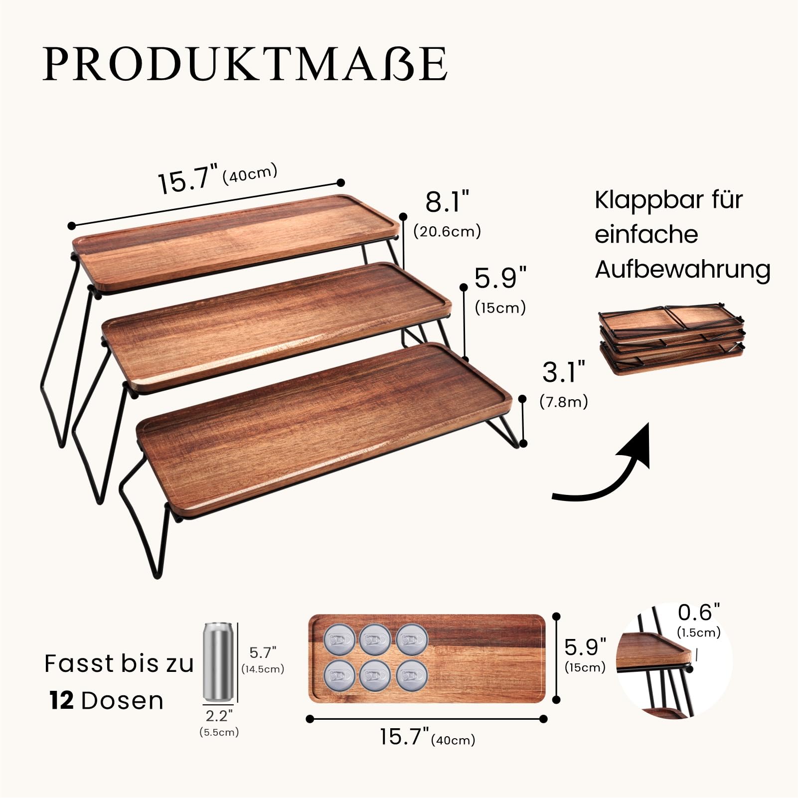 Fibogollo Servierständer Akazienholz 3-stöckig klappbar 40cm