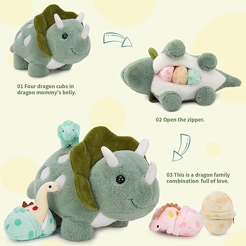 Vista 15 de Juguetes de dinosaurio rosa de 17.6 pulgadas para niñas, mamá dinosaurio de peluche con 3 dinosaurios de peluche