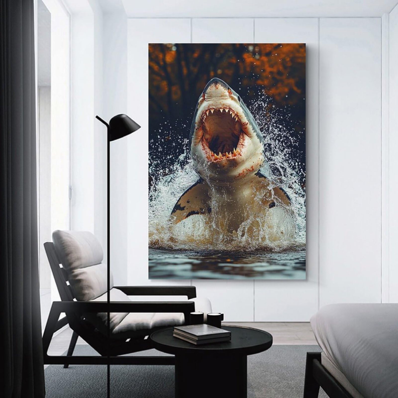Junmoney Unframe-Style-21 Great White Shark Breaching Water Canvas Wall Decor 20X30inch(50X75cm), For Calm Bedrooms, Home Corners Or Flats, An Easy Wall Refresh For Bedrooms