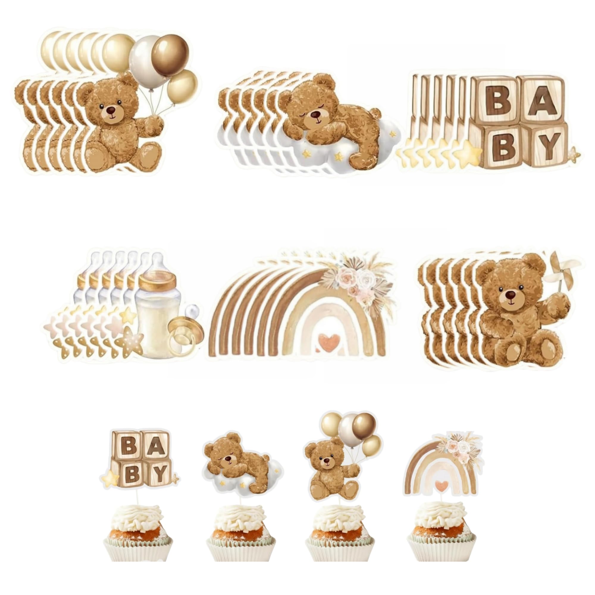 PLUSHCEWT 36 Pcs Baby Shower Cupcake Toppers, Cute Bear Cake Decorations with Bamboo Sticks, Gender Reveal or 1st Birthday Party Supplies, Non-Edible Cake Topper Set for Cupcakes, Cakes (brown)