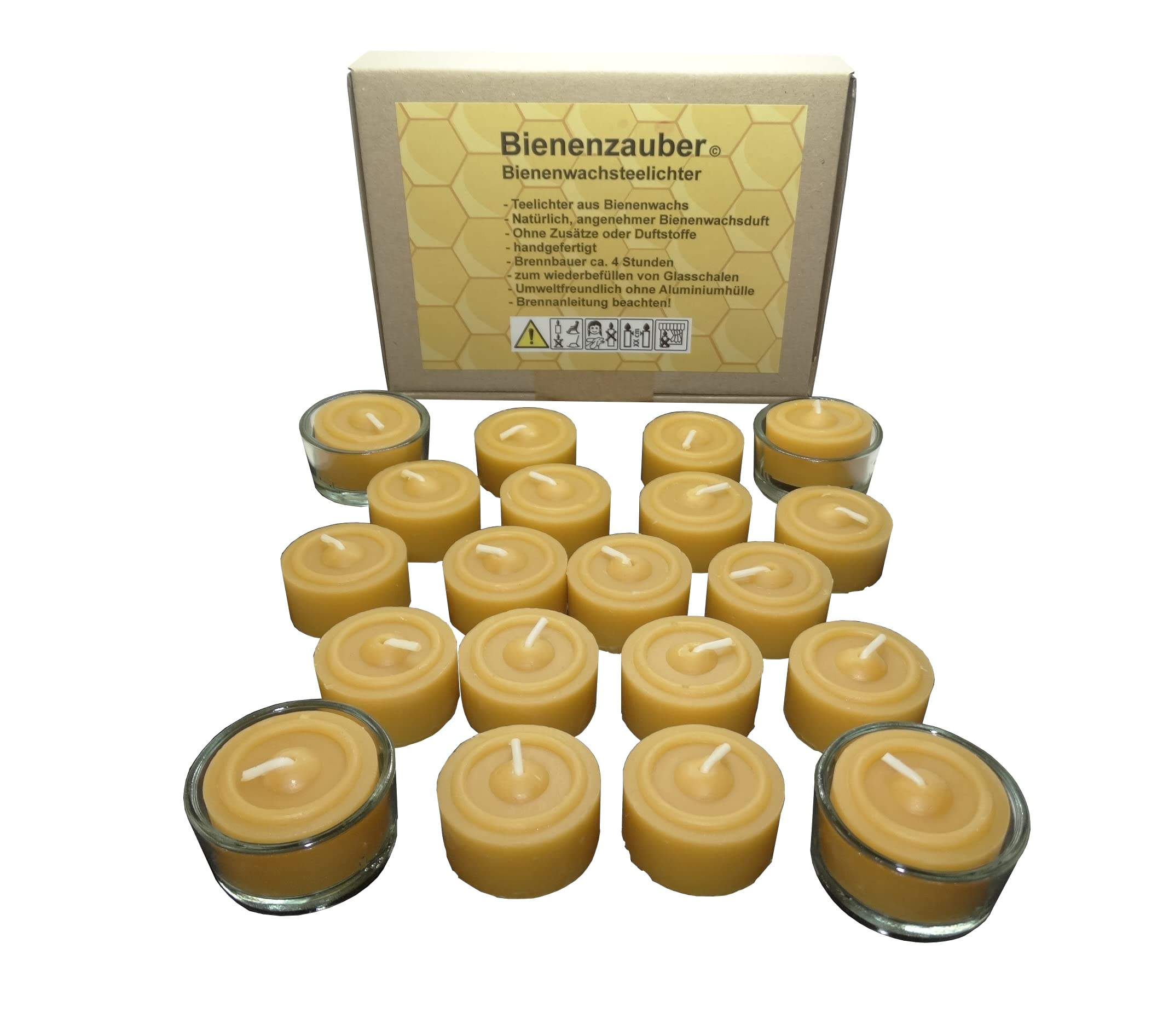 Juego de 20 velas de té de cera de abeja y 4 portavelas de cristal