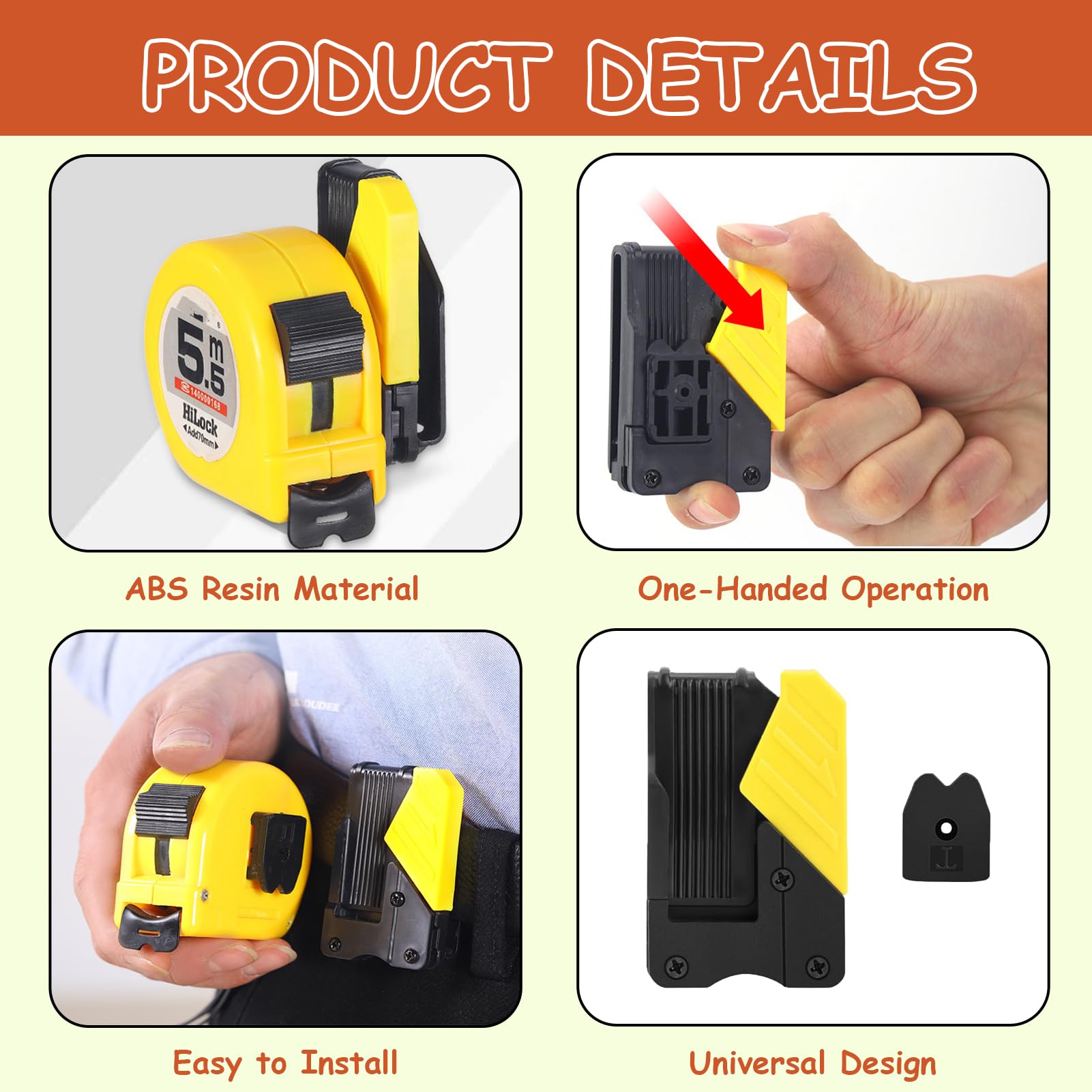 2 Pack Universal Tape Measure Belt Clip, Quick-Draw Quick-Lock Low-Profile Measuring Tape Holder Set for Pouch Pocket, Electrician Carpenter Plumber Accessories (Yellow) - Image 3