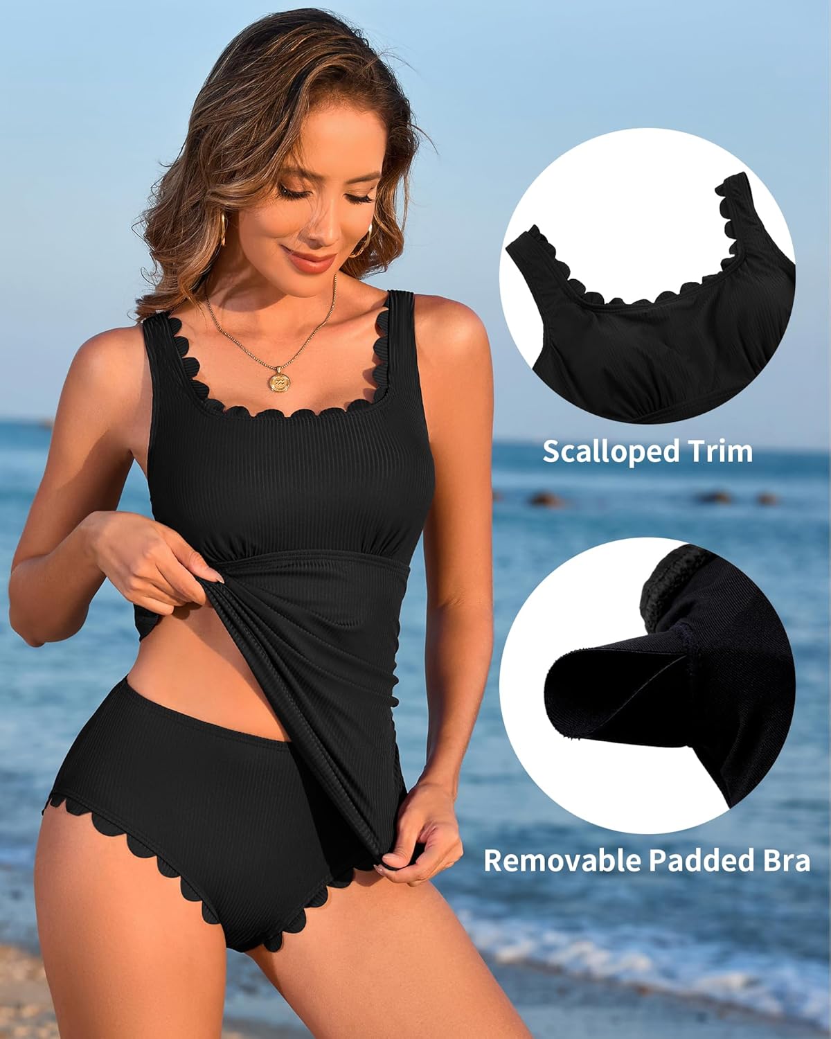 ANFILIA Womens Two Piece Ribbed Tankini Swimsuits Scalloped Tankini Tops with Bottoms Tummy Control Bathing Suits - Image 2