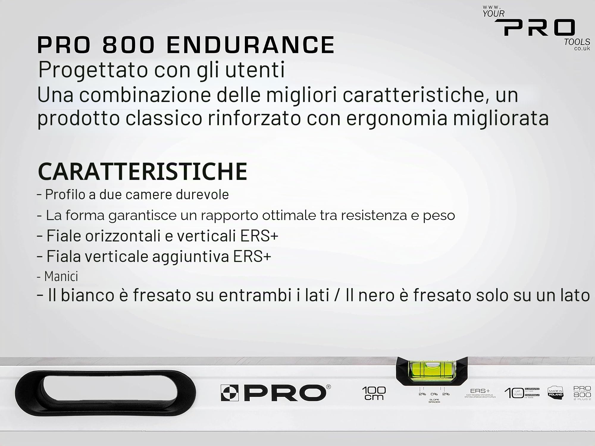 PRO800 Livella a Bolla 200cm fresata su un lato con Profilo Ergonomico - ERS+ (Easy Reading System) Livella bolla e precisa con tappi di chiusura antiurto - Colore Nero