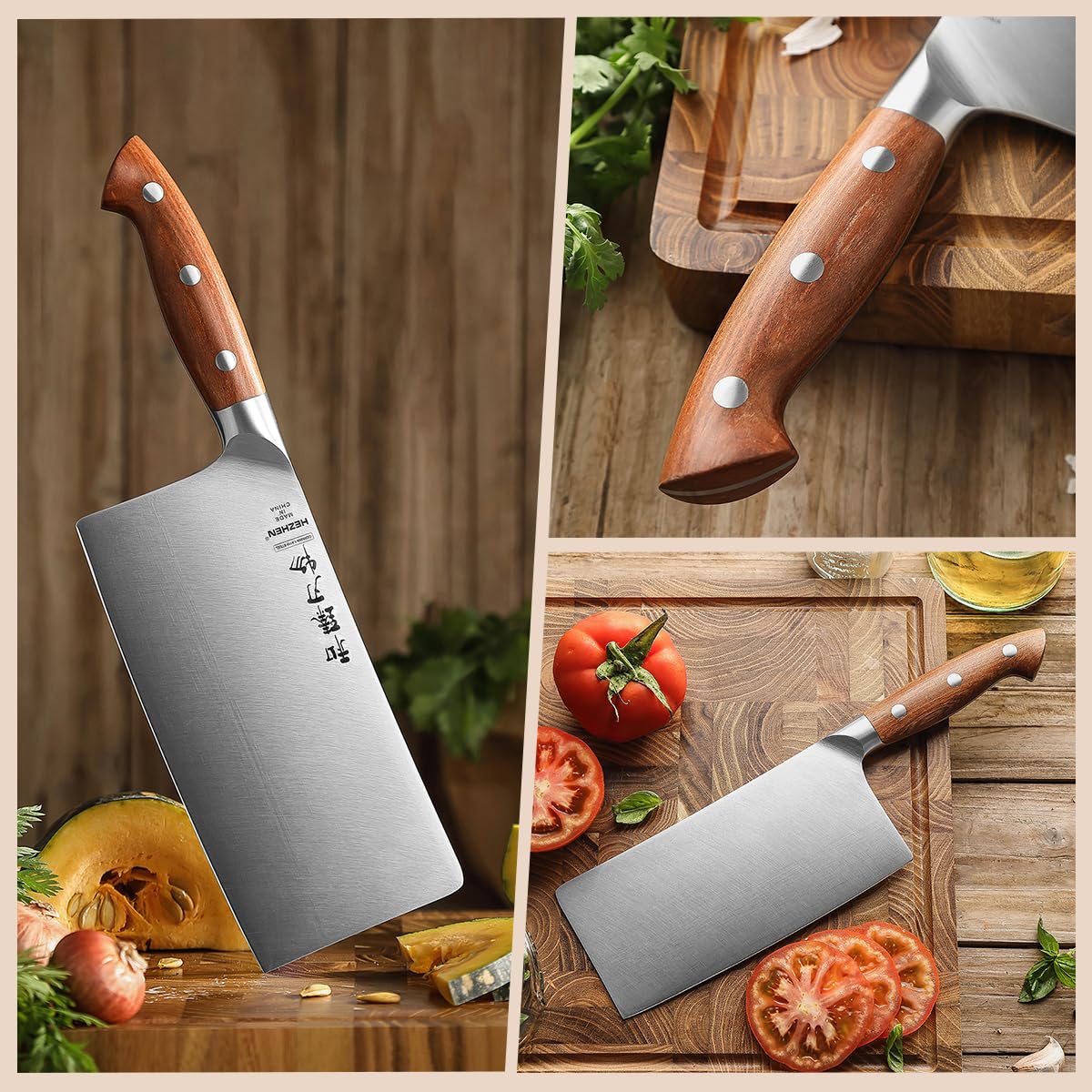 HEZHEN 18cm Mannaia per Carne, Coltello da Chef Cinese, Coltello da Cucina Multifunzionale, Manico in Redwood