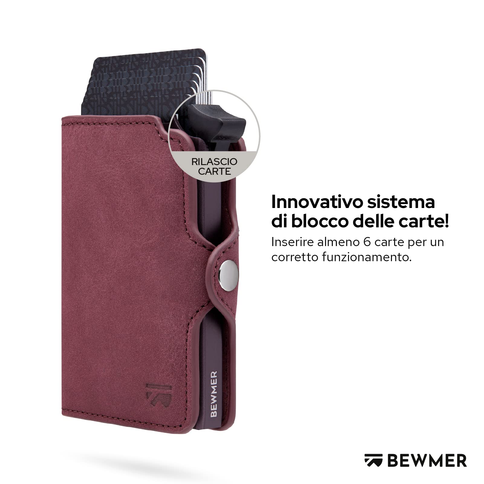 BEWMER Porta Carte di Credito 1 Schermato | Portafoglio Slim da Uomo e Donna | Porta Tessere e Documenti con Rfid Protection e Fermasoldi in Carbon Fiber (Con Zip, Rosso Bordeaux)