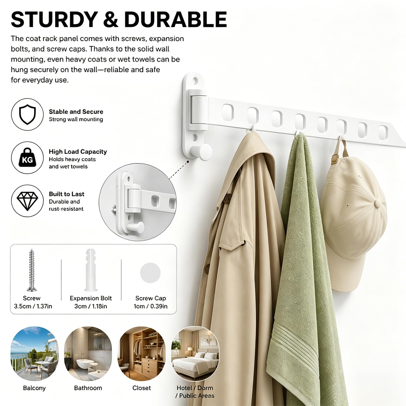 TIANLIN Appendipanni Pieghevole a Muro, 8 Ganci in Lega di Alluminio, Rotazione 180°, con Kit di Montaggio e Copriganci – Bianco – Per Bagno, Balcone, Camerino, Hotel, Dormitorio