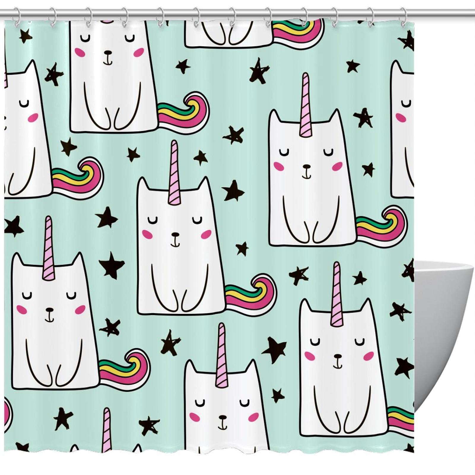 Rideau de douche chat et licorne imperméable protégeant le sol