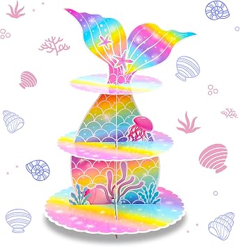 Mermaid Cupcake Stand, 3-Tier Cardboard Cupcake Stand Party Decorations Under the Sea Theme Cupcake Holder Decorations Mermaid Dessert Tower for Girls Kids Mermaid Theme Party Birthday Supplies