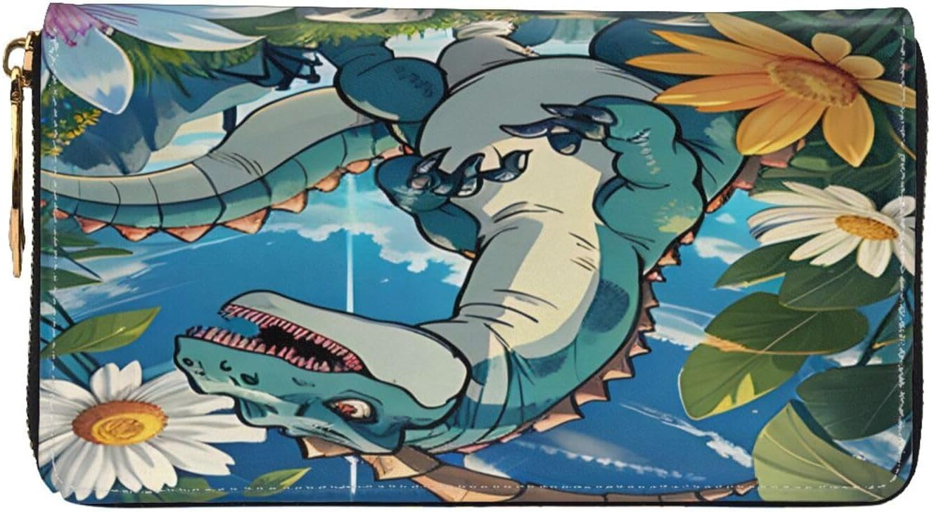 Cute Dinosaur Long Zip Around Wallet for Women, Large Capacity RFID Leather Wristlet Wallet with 12 Card Slots Coin Purse, Fashion Clutch Purse with Wrist Strap