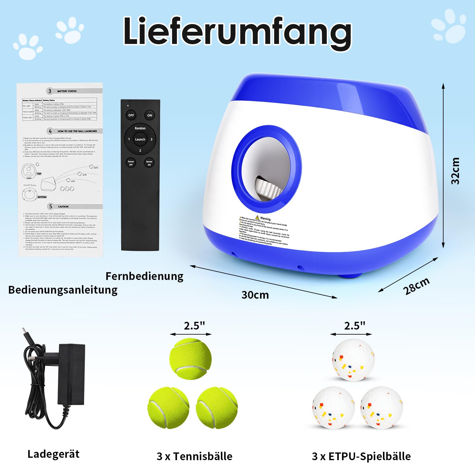 Ballwurfmaschine Hund Automatisch Ballmaschine Interaktives Hundespielzeug Elektrisch mit 6 Stück Hundeball ballwerfer für Hunde Groß und Mittlere