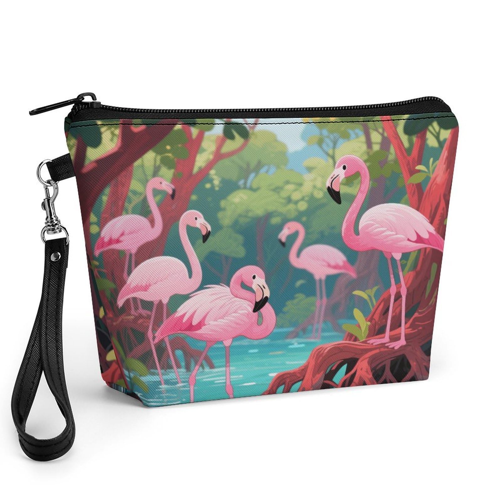 Bolsa de maquillaje de piel sintética con flamencos, ideal para organizar cosméticos en tus viajes 8