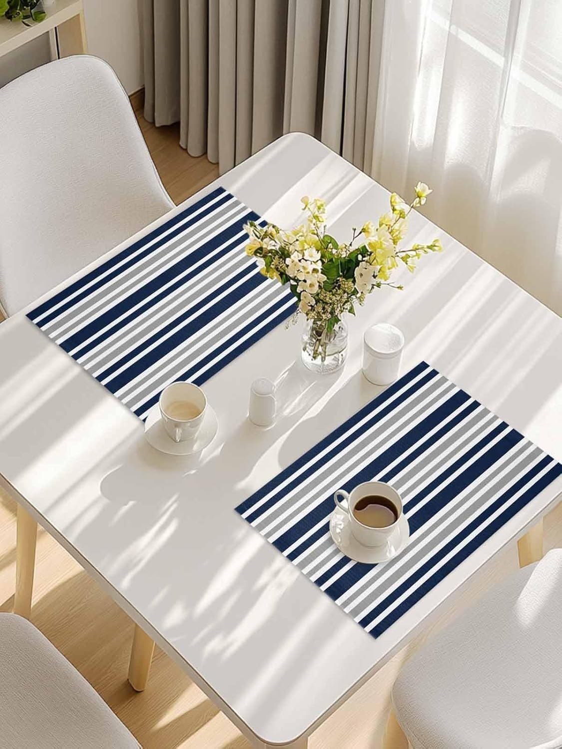Placemats Washable Table Mats Set of 4 Cotton Linen Placemats for Kitchen Dining Table Navy Blue Gray and White Stripe Non-Slip Place Mats - Heat-Proof/Stain Proof