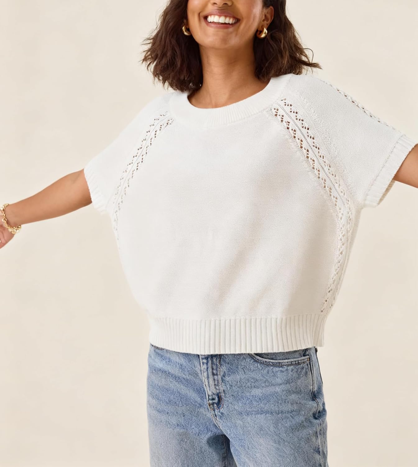 Yeokou Women Knit Crochet Top Short Sleeve Crew Neck Loose Fit Pullover Sweater Summer Fall Fashion Casual Knitted Blouse - Image 6