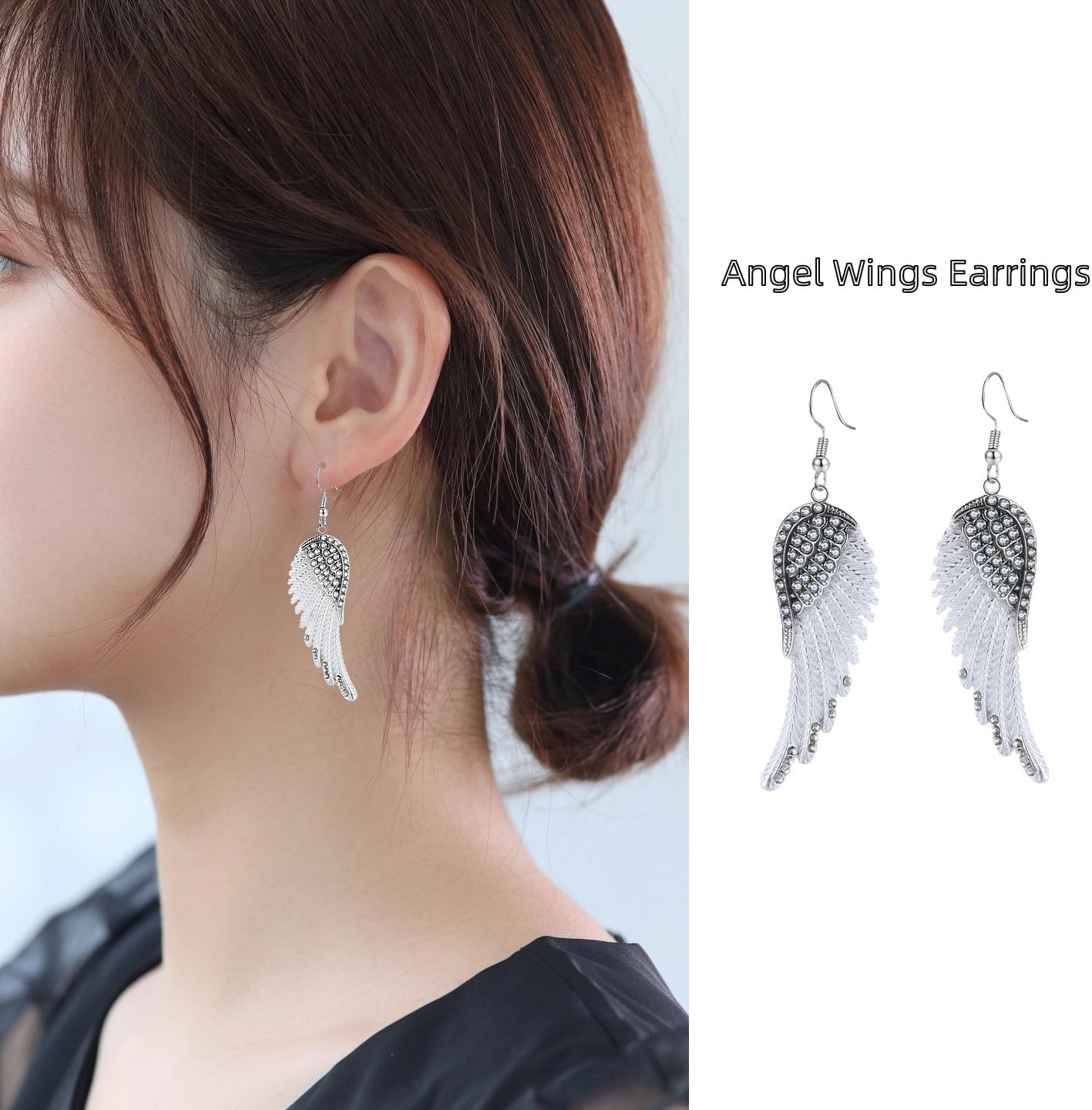 Angel Wings Dangle Earrings for Women Unique Rhinestones Copper Fairy Feather Guardian Dangle Drop Hook Womens Dangling Earrings Silver Plated Jewelry - Image 3