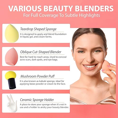 Miniatura 4 de Primo Lines Beauty Blender - Juego de 3 esponjas de maquillaje con estuche y soporte de cerámica, corrector de base facial, esponjas de mezcla para