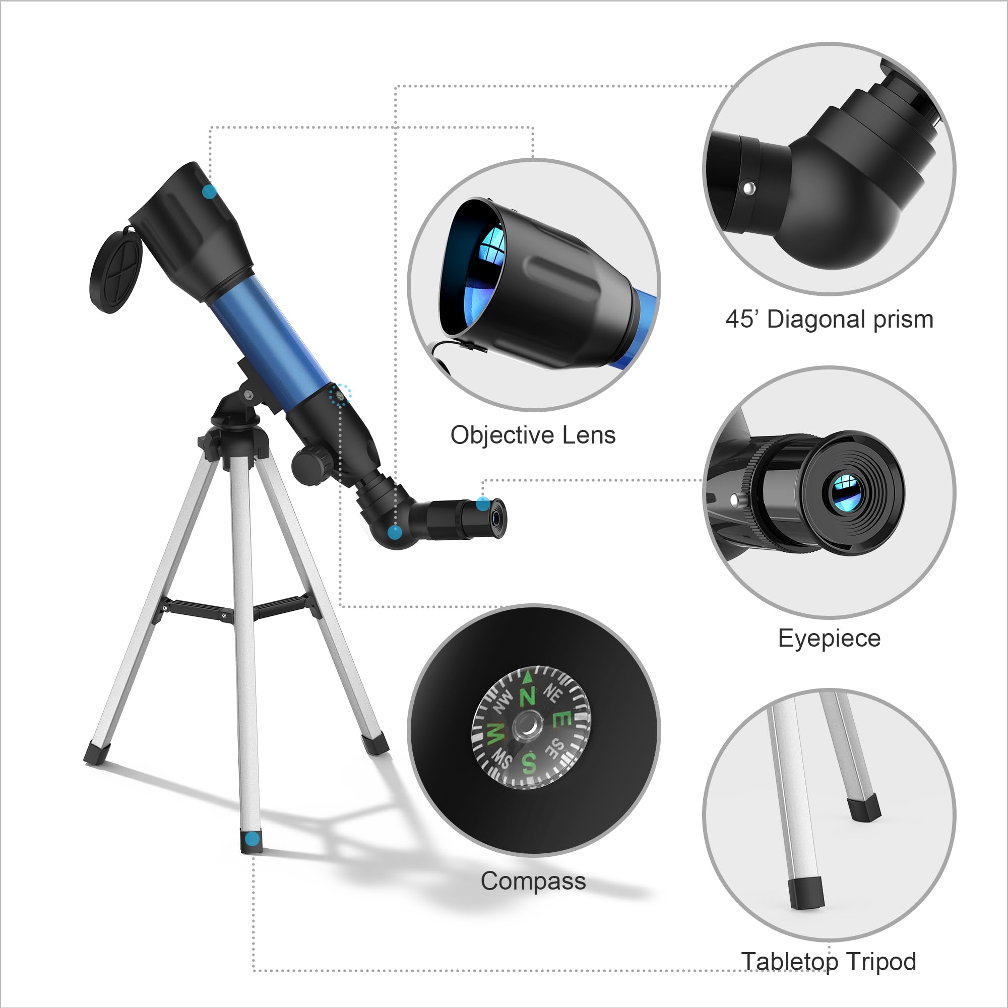 Telescopio Astronomico Bambini, 360/50mm HD, Telescopio Rifrattore Portatile con Treppiede e Principianti, Osservare Luna, Stelle, Pianeti e Paesaggi, Regalo Educativo di Natale o Compleanno
