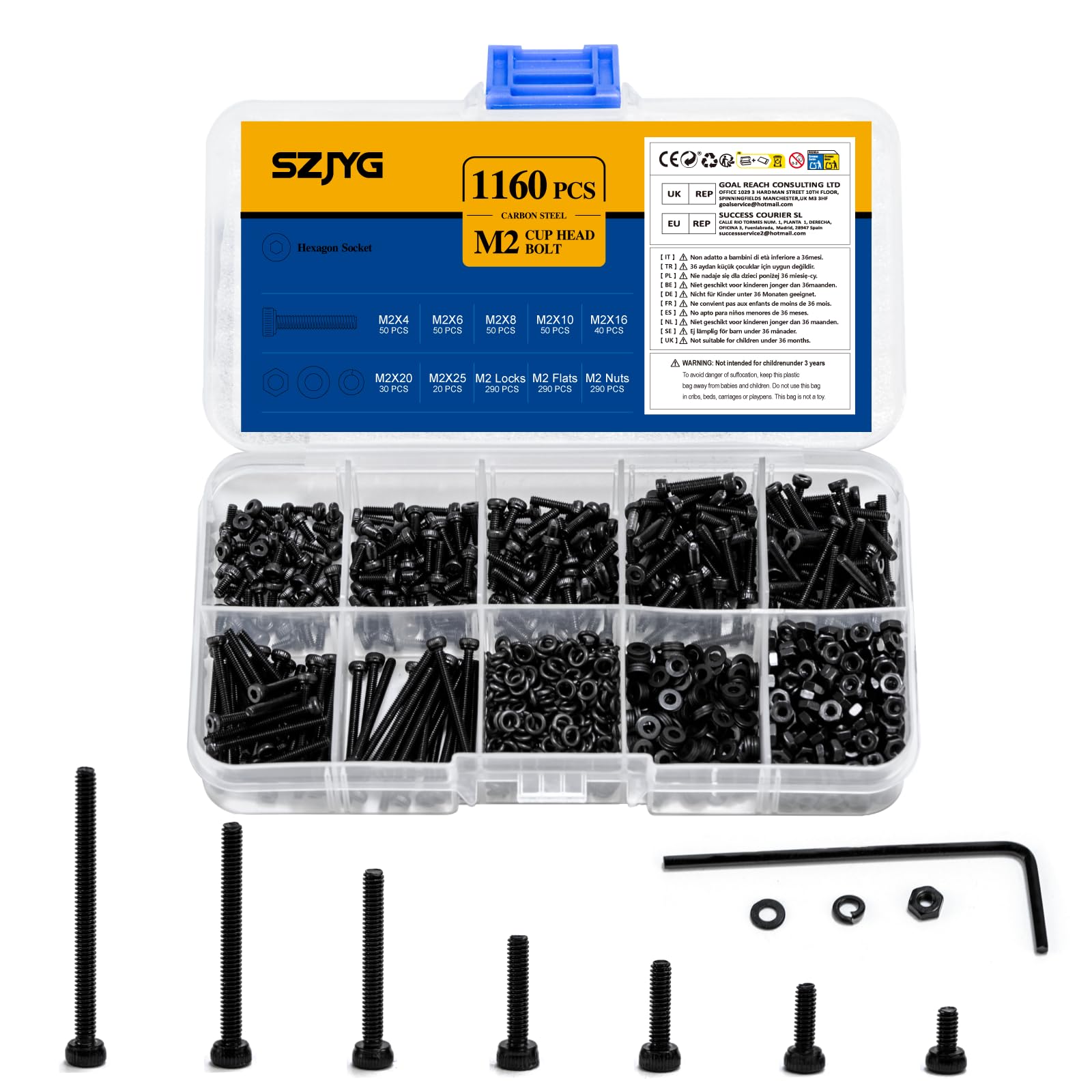1160 Pcs M2 Bolts and Nuts Set, Assorted Nuts and Bolts Assortment, Carbon steel Screws, Hex Socket Head Cap Screws with Washers Set, Machine Screw Assortment Kit