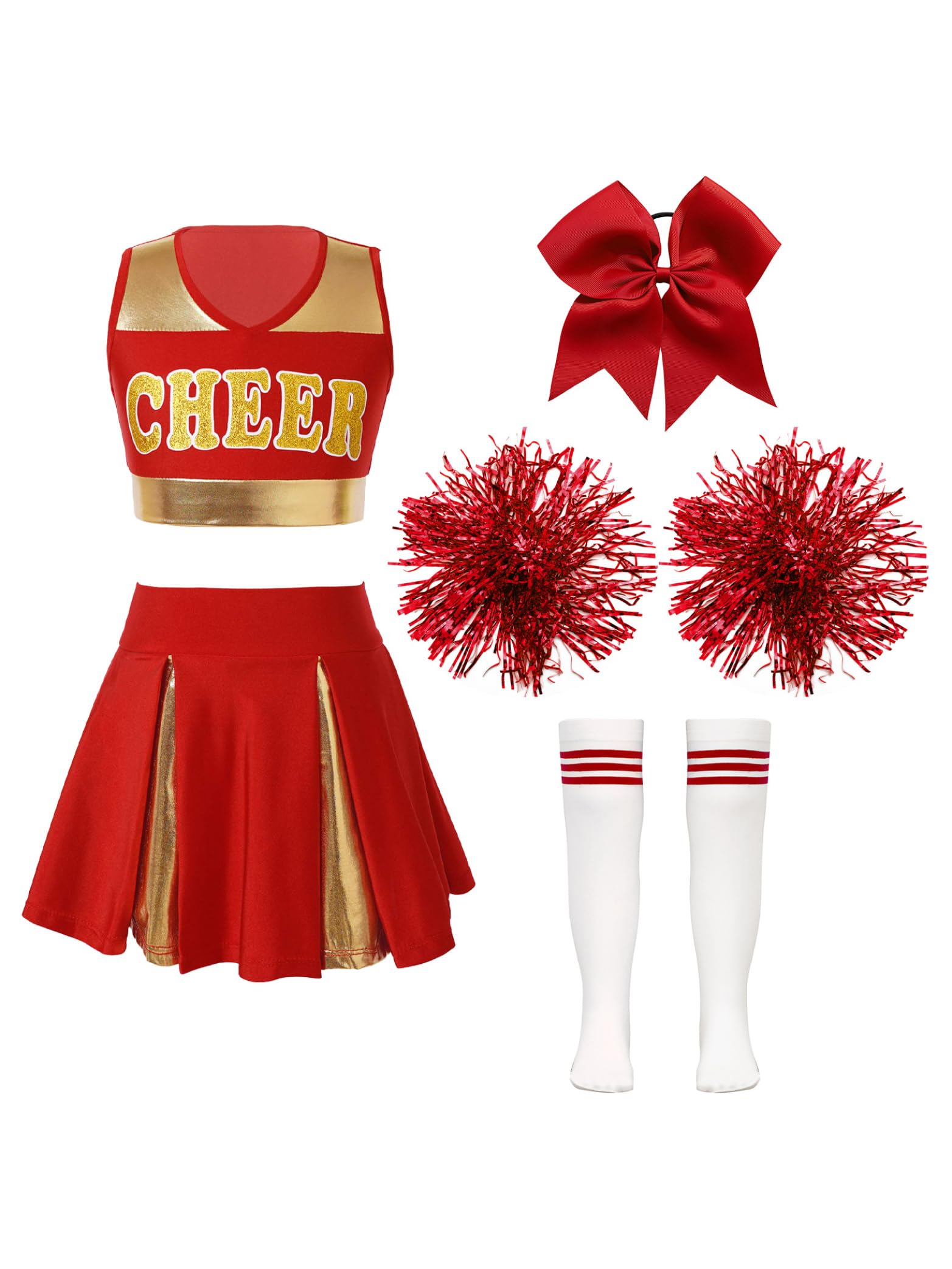 Miaeowve Kids Girls Cheer Leader Costume Outfit Set Cheer Team Uniform School Cheerleading Dance Fancy Dress up B Red 11-12 Years