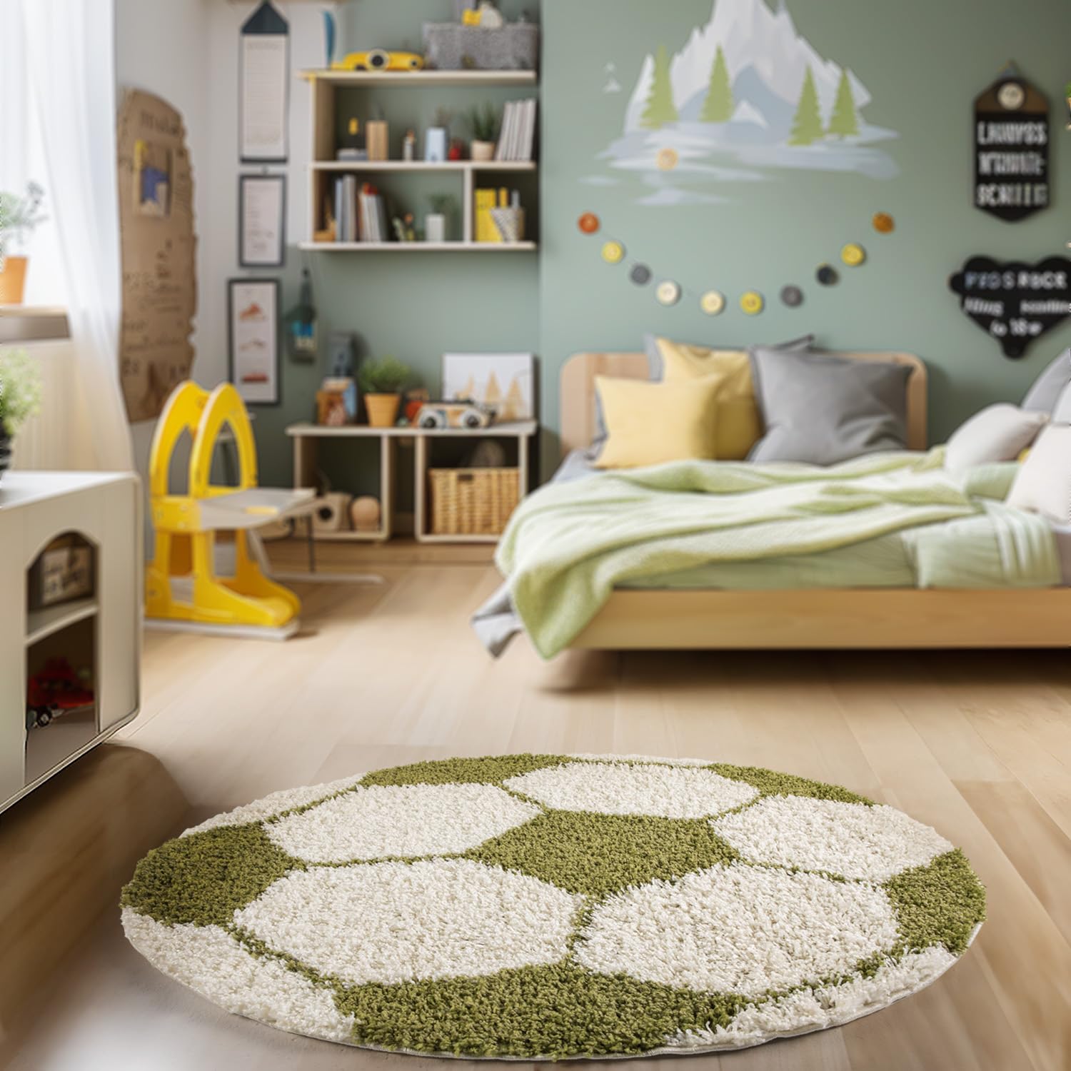 HomebyHome Tapis Enfant Football et Basketball Vert 100 cm Rond - Chambre Bébé Poil Long - Doux pour Fille et Garçon