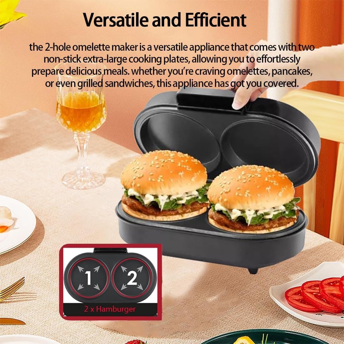 Macchina for frittate doppia – Piastre doppie antiaderenti, for 2 frittate, preriscaldamento rapido, senza ribaltamento, impugnatura cool-touch, facile da pulire