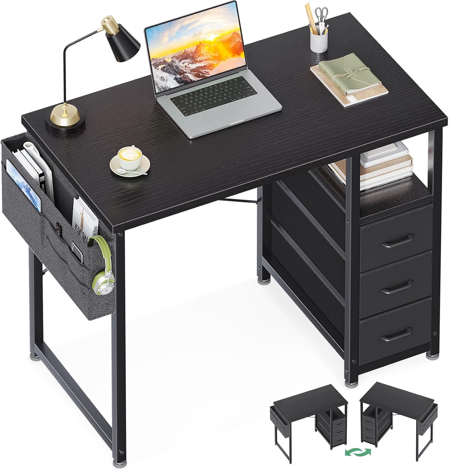 AODK 32-Inch Small Computer Desk with Fabric Drawers, Kids Girls Teen Study Writing Desk for Bedroom, Home Office Desk for Small Space, Black