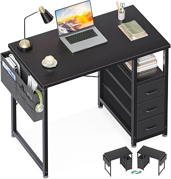 AODK 32 Inch Small Computer Desk with Fabric Drawers, Kids Study Desk for Bedroom, Home Office Desk with Storage Shelf & Bag for Small Space, Black