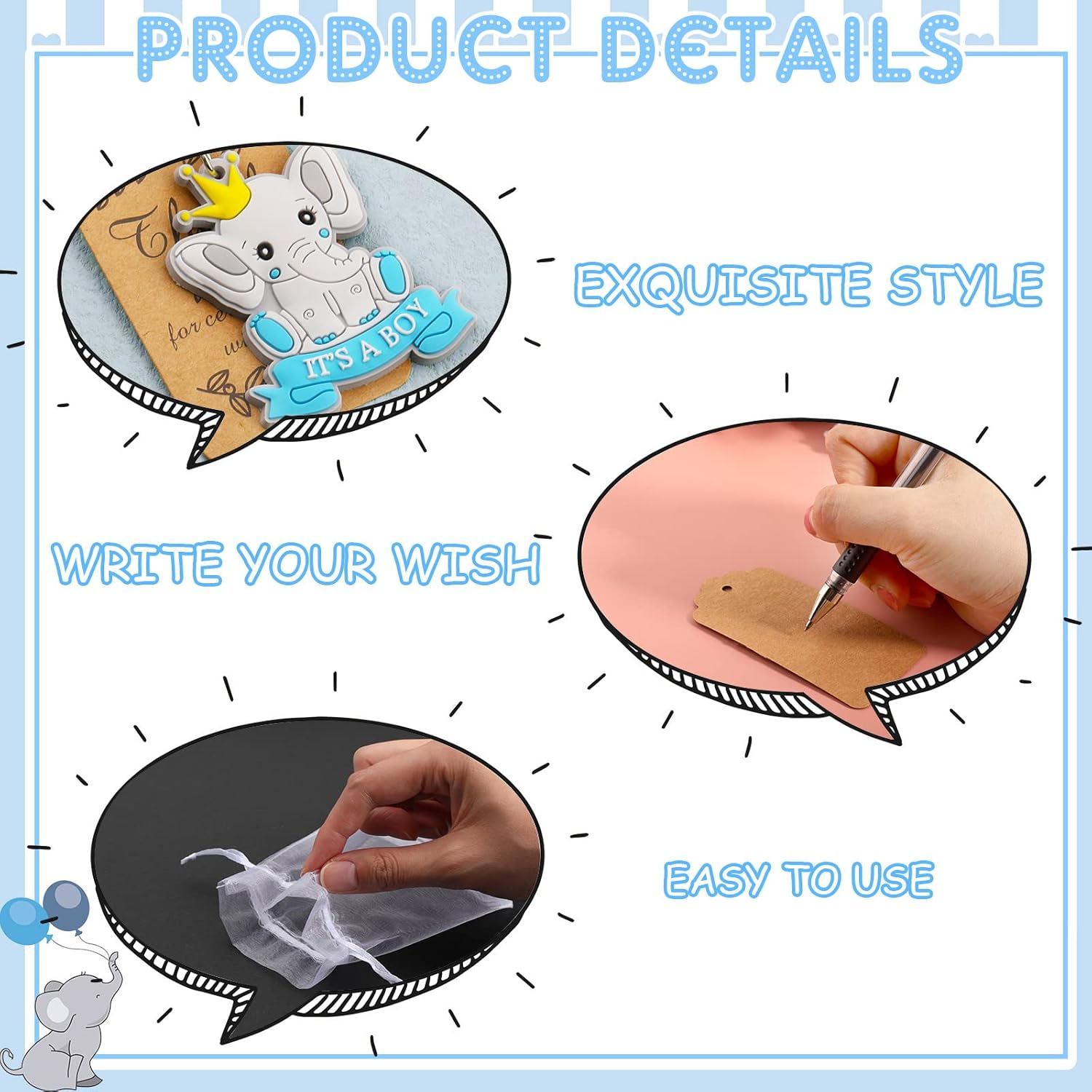 24 Pcs Baby Shower Gifts for Boy Blue Elephant Keychain with Organza Bags Thank You Kraft Tags Baby Shower Favors for Guests Boys Gender Reveal Party Supplies Decorations - Image 3