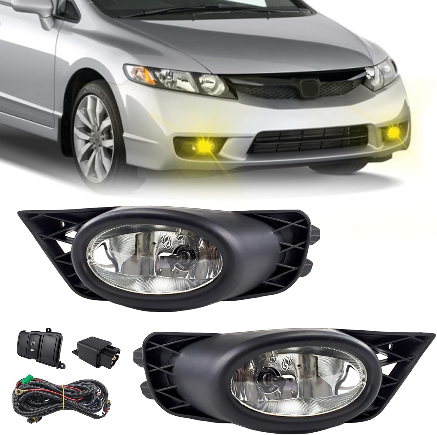 Bona Fog Lights Compatible with 2009 2010 2011 Honda Civic 4 Door Sedan with H11 12V 55W Bulbs and Wiring Harness (Clear Lens)