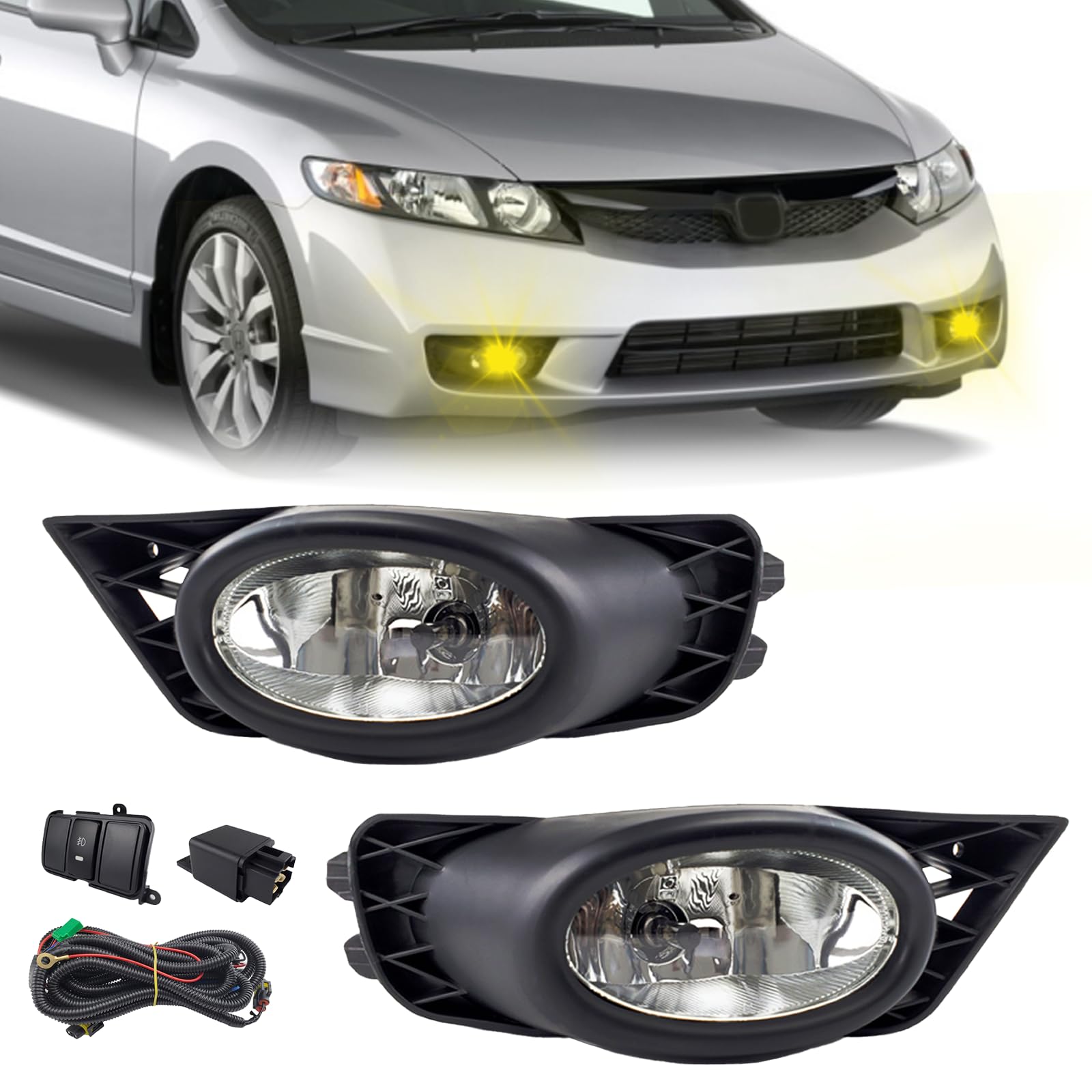 Bona Fog Lights Compatible with 2009 2010 2011 Honda Civic 4 Door Sedan with H11 12V 55W Bulbs and Wiring Harness (Clear Lens)