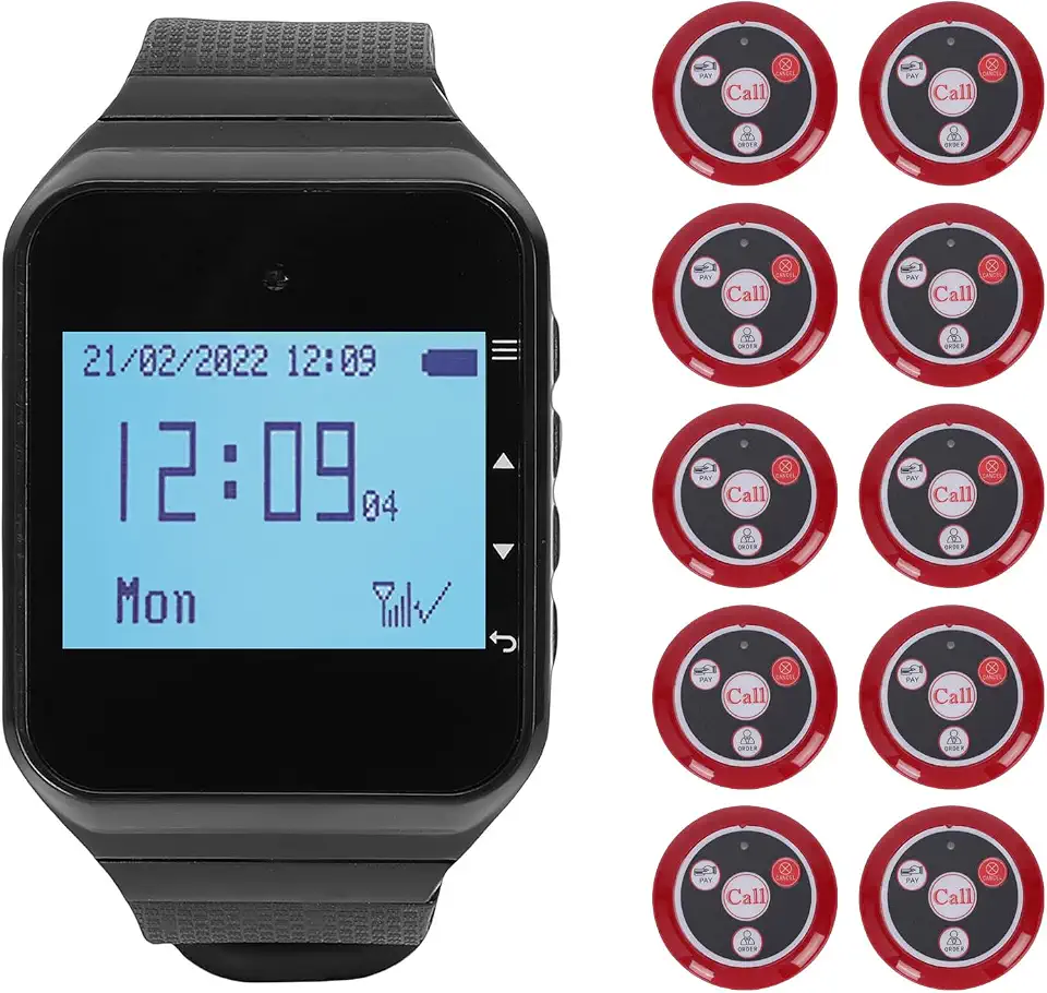 Wireless Pager System, Restaurant Calling Device with 1 Watch Receiver, 10 Pieces, 4 Buttons, Desk Bells for Hotel, (Red)