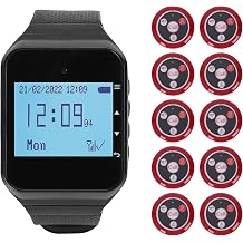 Wireless Restaurant Pager System 1 Watch Receiver, 10pcs 4 Key Desk Buzzers 433MHz Vibration Buzzer IPX4 for Hotel Factory Red